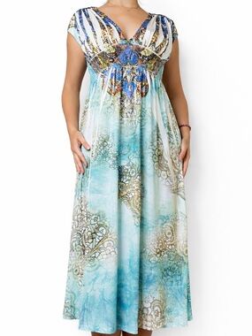 Cristina Love Rhinestone Mixed Pattern Country Teal Midi Dress Size Medium